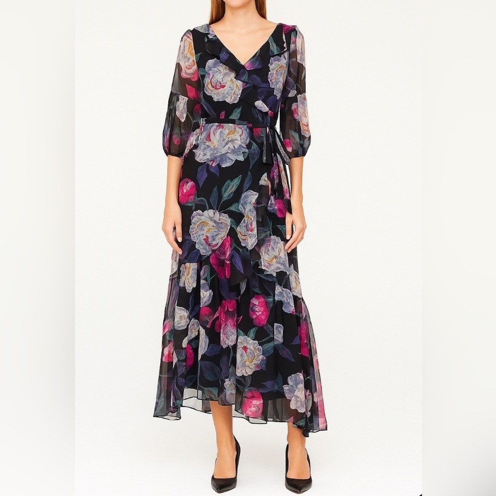 Tahari Black Floral Long Sleeve Maxi women Dress size 10